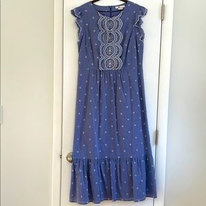Boden maxi denim blue /white dress with embroidery